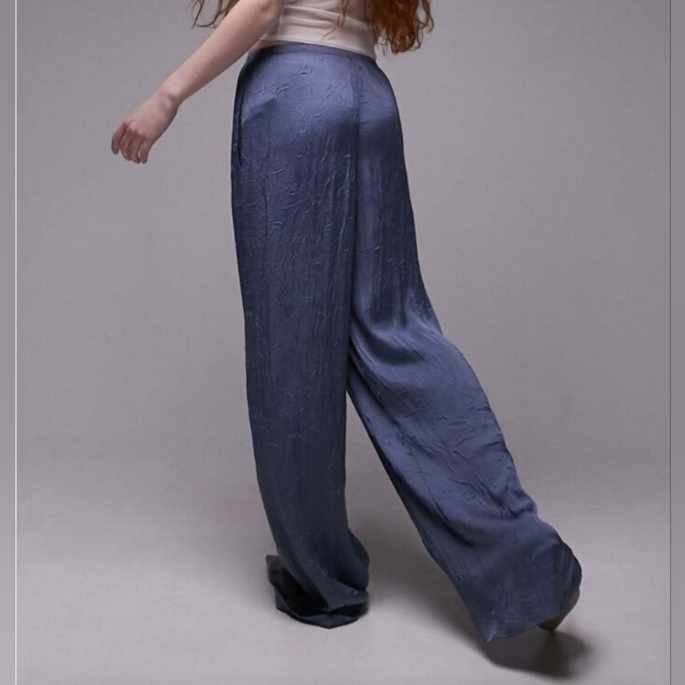 Topshop Crinkle Satin Wide Leg Pull On Trouser in Air Force Blue NWT